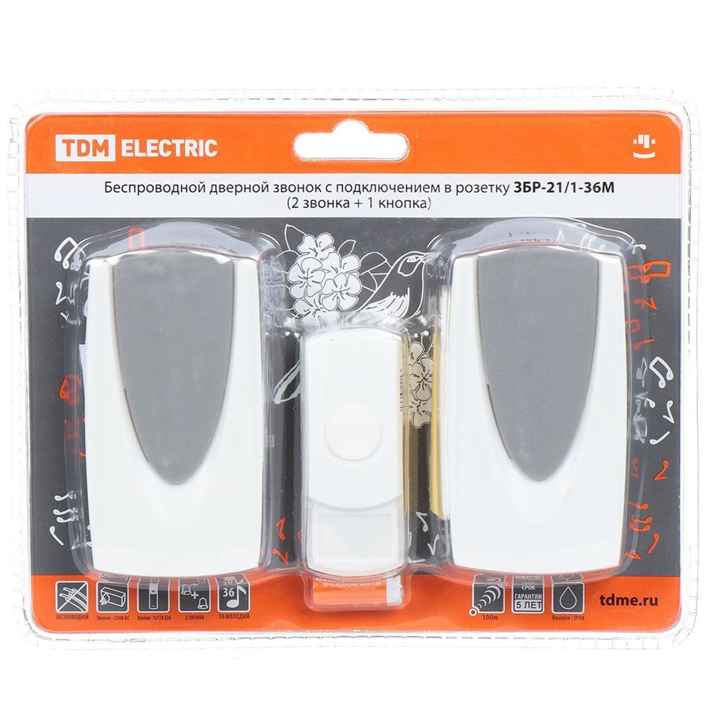 Звонок дверной беспров, сетевой, 36мел, кнопка IP 44, 230 В, TDM, ЗБР-21/1-36М, SQ1901-0012