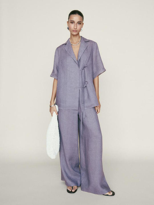Massimo Dutti Льняные струящиеся брюки прямого кроя, фиолетовый