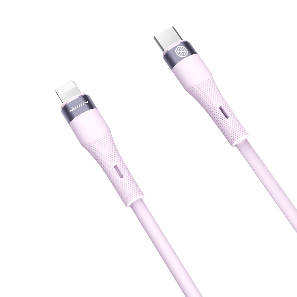 Кабель с разъемом Type C - Lightning для iPhone с быстрой зарядкой PD 27W от Nillkin покрытый жидким силиконом фиолетового цвета, серия Flowspeed Liquid Silicone Cable, длина 1,2м