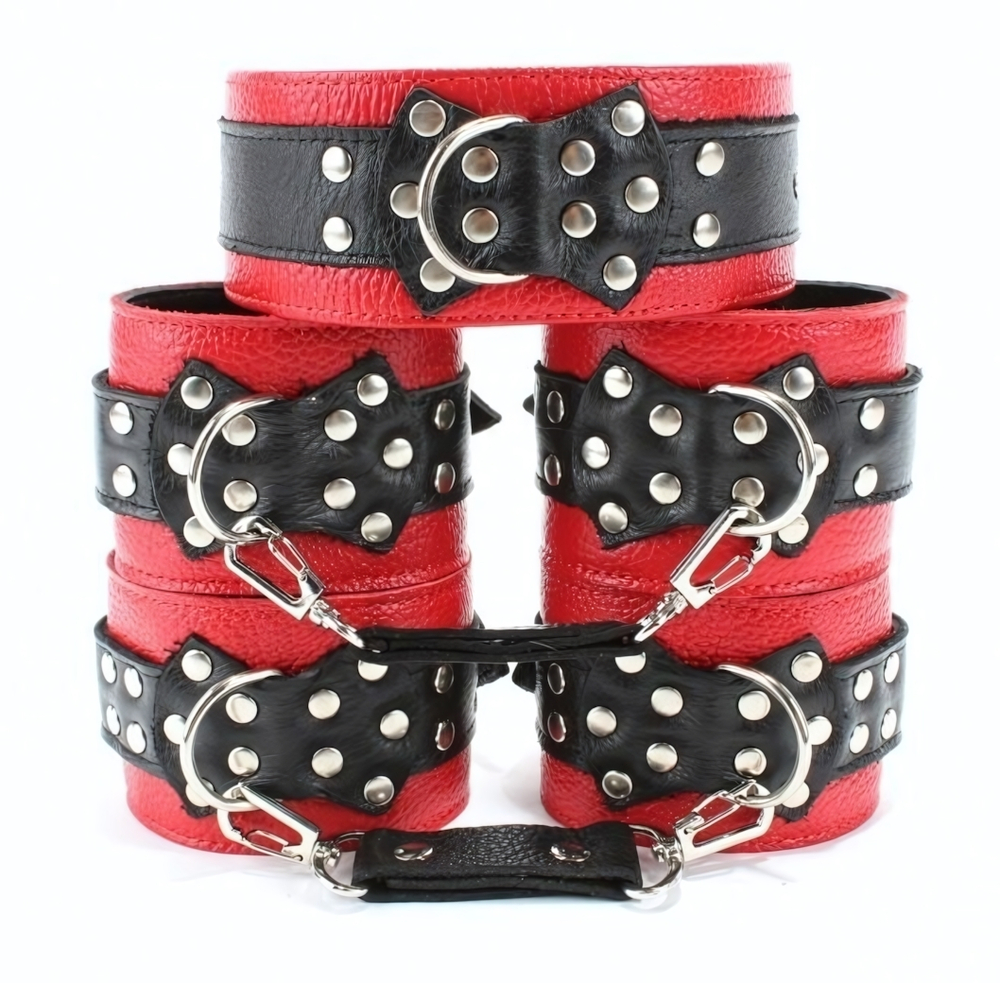Набор кожаных красно-черных БДСМ-аксессуаров (Цвет: красный с черным)
