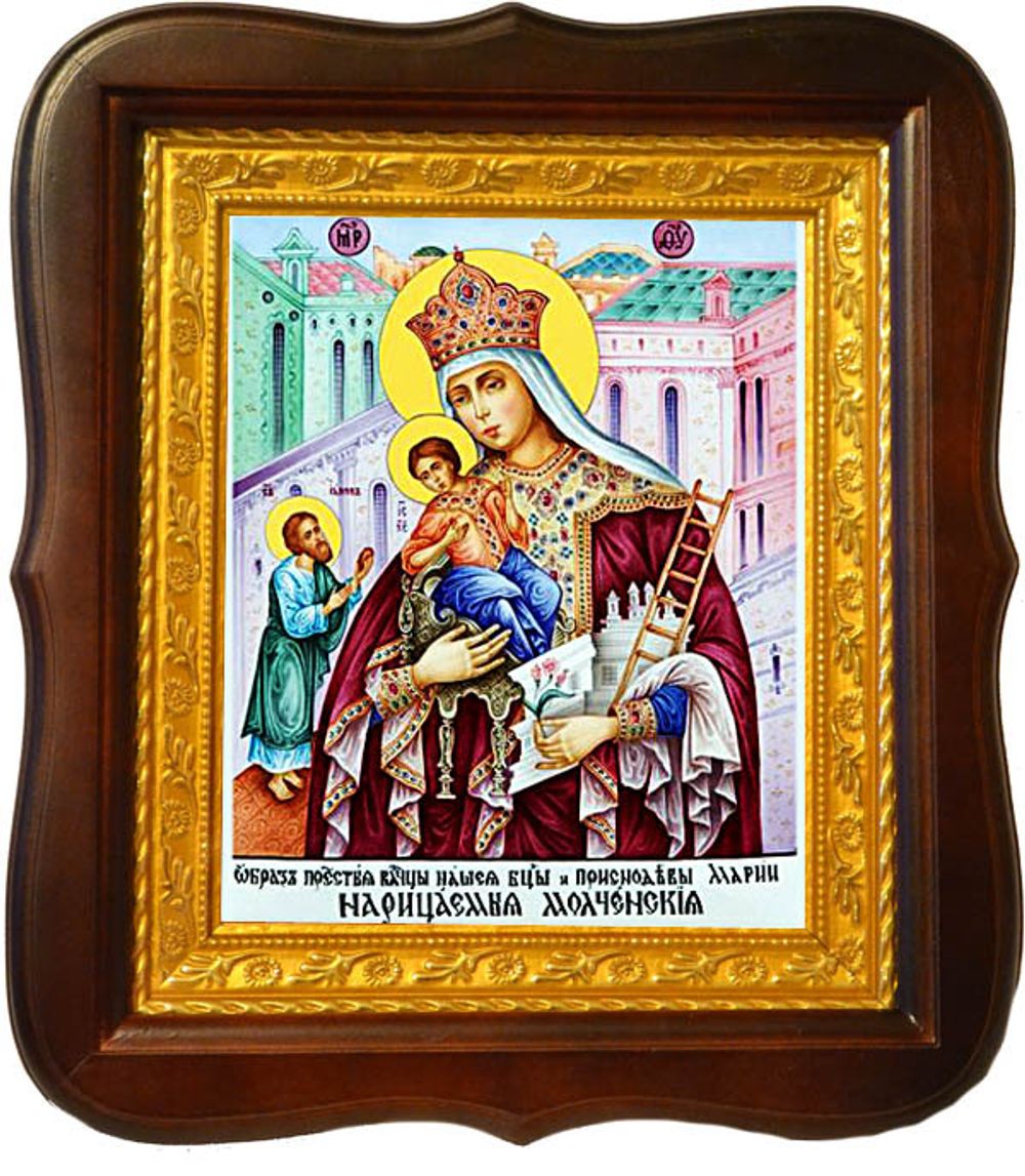 В киоте.	Молченская икона Божьей Матери на холсте.