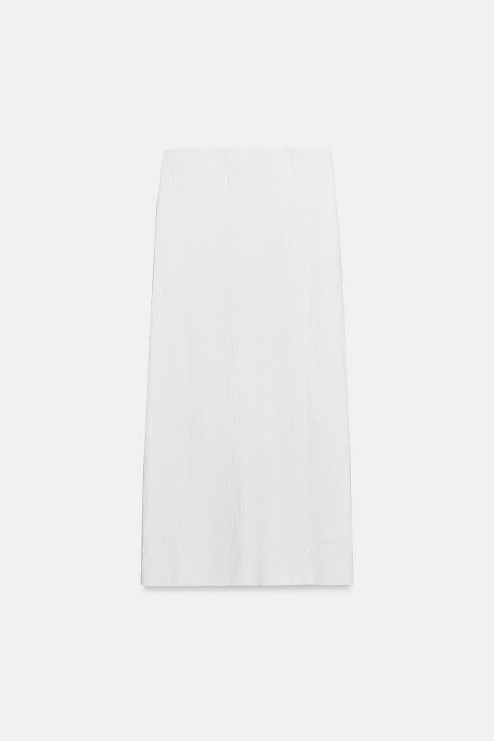 ZARA ТРИКОТАЖНАЯ ЮБКА МИДИ В РУБЧИК, БЕЛЫЙ