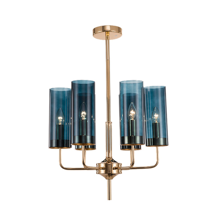 Chandelier  Brass & Blue Glass Tube by Hans-Agne Jakobsson (6 lampshades, Blue)