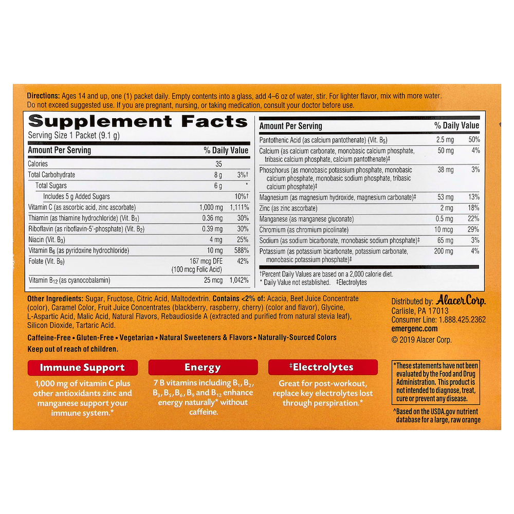 Emergen-C, витамин C, малина, 30 пакетиков, 9,1 г (0,32 унции) каждый