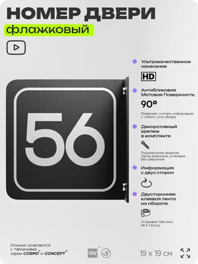 Табличка флажковая с номером 56 на дверь квартиры, для офиса, кабинета, аудитории, склада, черная двустороняя 19х19 см, Айдентика Технолоджи