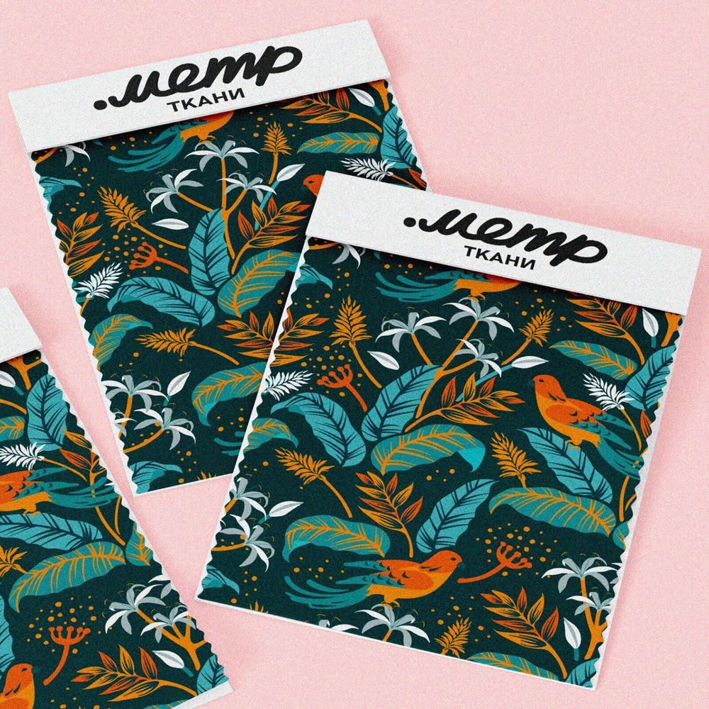 Ткань дюспо синие листья с оранжевыми птицами