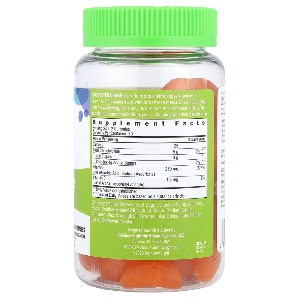 Rainbow Light, Vitamin C Slices™ и витамин E, со вкусом цитрусовых, 60 веганских жевательных мармеладок
