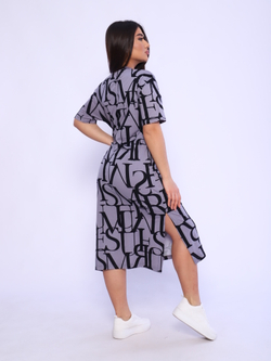 Платье трикотажное макси с разрезами 116-314-1, Серый/Буквы