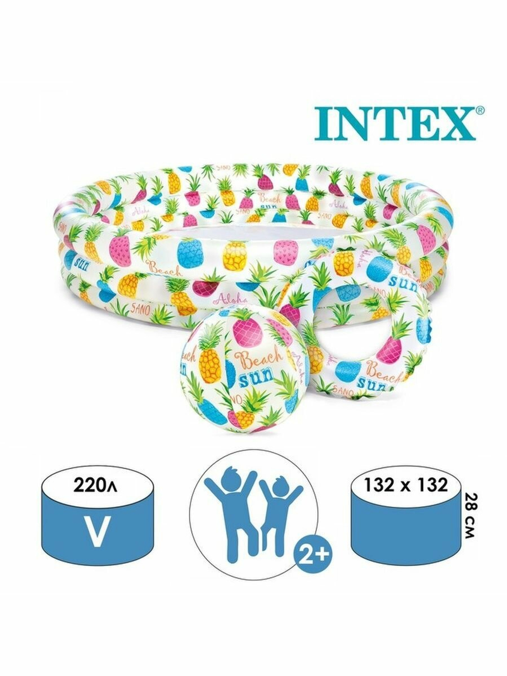 Детский надувной бассейн 132х28 см Ананас Intex 59469, игровой водный набор с надувным мячом и кругом для дачи