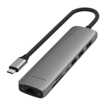 USB-Хаб Satechi Slim Multiport (USB-C) (ST-P7S) Подключение: встроенный кабель USB-C 3.2 Gen 2 с оплёткой. Порты: USB-C (PD 100 Вт), 2 USB-A 3.2 Gen 2, microSD UHS-I, SD UHS-I, HDMI (до 4K 60 Гц), Gigabit Ethernet. Есть LED-индикация
