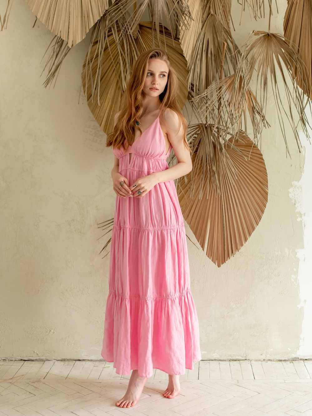Длинный льняной сарафан (розовый)