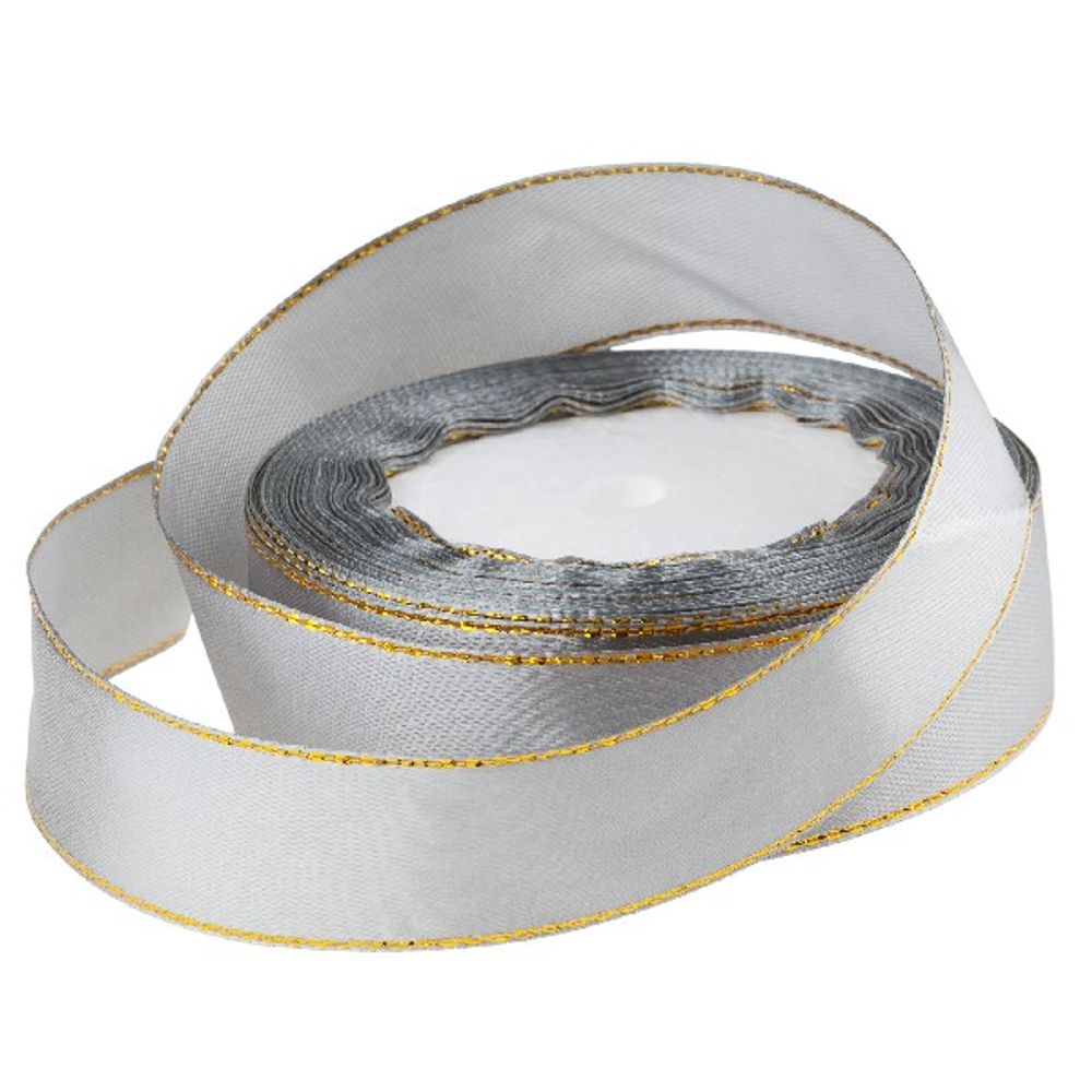 Лента атлас 25ммx25ярд ЗОЛОТОЙ КАНТ (Серый)