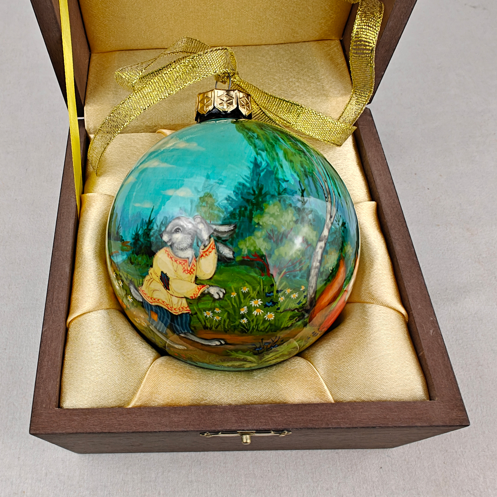 Коллекционный шар новогодний (круговая роспись Палех) "Ворона и лисица" в футляре