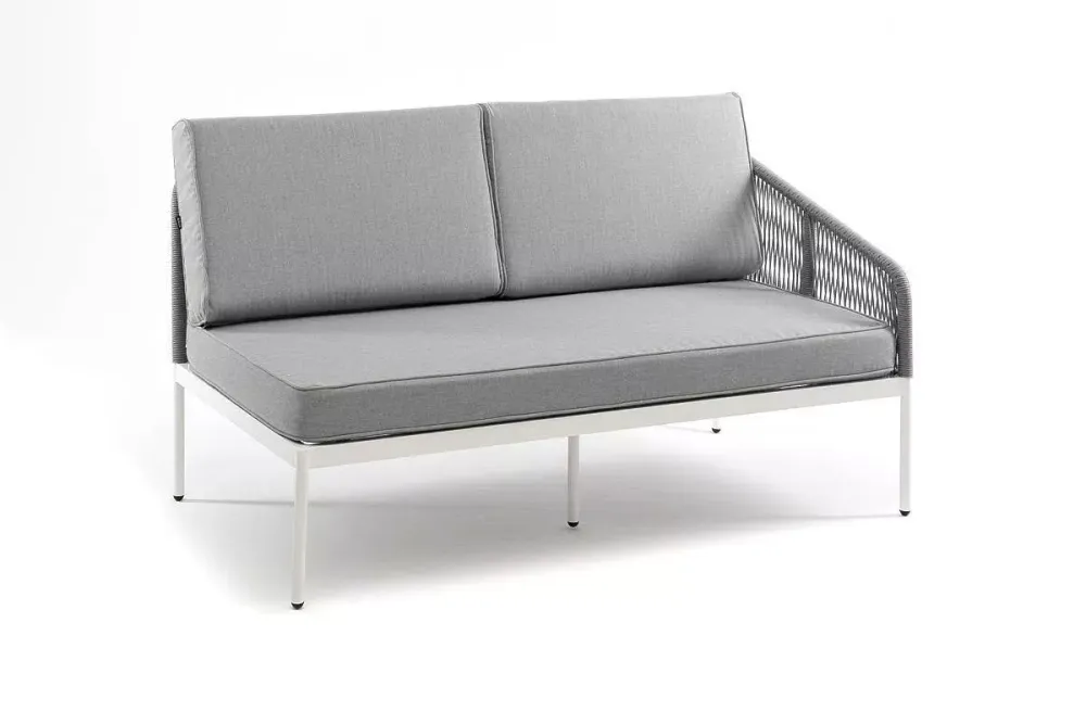 "Канны" левый модуль плетеный из роупа, каркас алюминий белый шагрень, роуп светло-серый круглый, ткань светло-серая