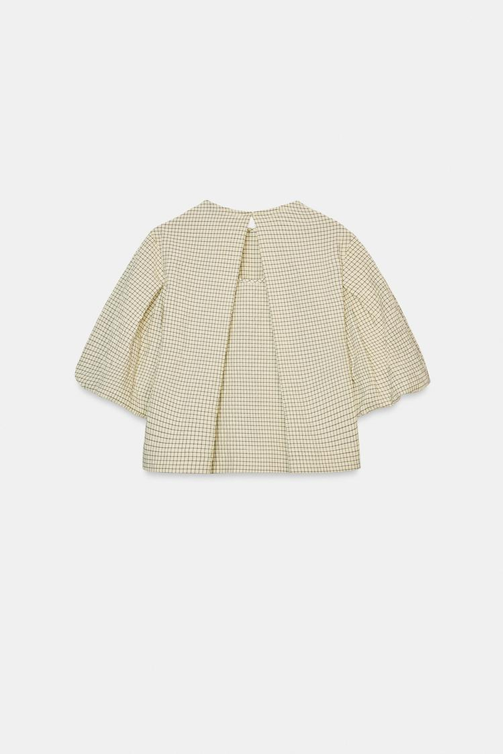 ZARA ТОП В КЛЕТКУ С ОБЪЕМНЫМИ РУКАВАМИ, ПЕСОЧНЫЙ/ЧЕРНЫЙ