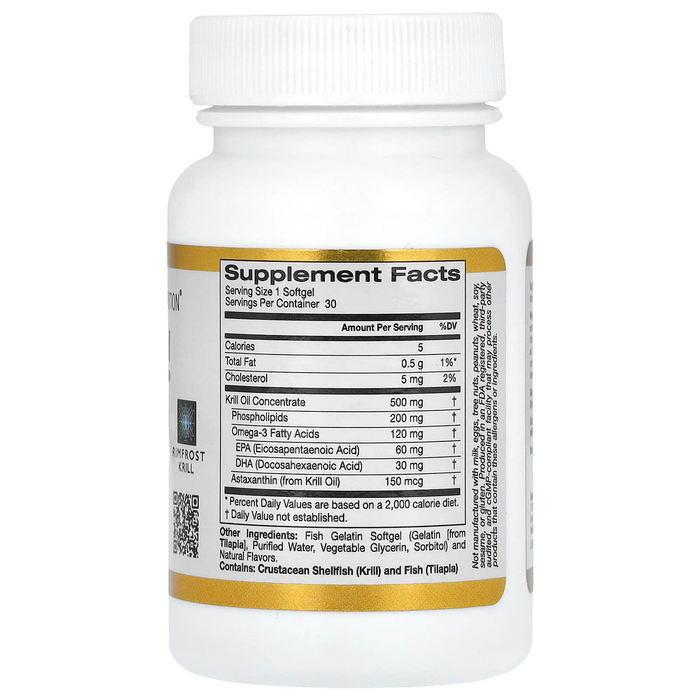 California Gold Nutrition, масло антарктического криля, комплекс фосфолипидов из омега-3 с ЭПК, ДГК и астаксантином, натуральный вкус клубники и лимона, 500 мг, 30 капсул из рыбьего желатина