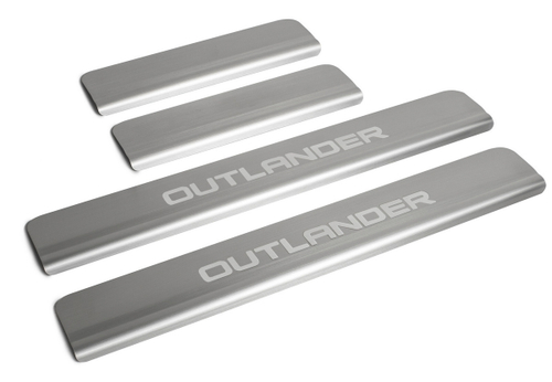Накладки на пороги Rival для Mitsubishi Outlander III рестайлинг 2015-2018 2018-н.в., нерж. сталь, с надписью, 4 шт., NP.4006.3