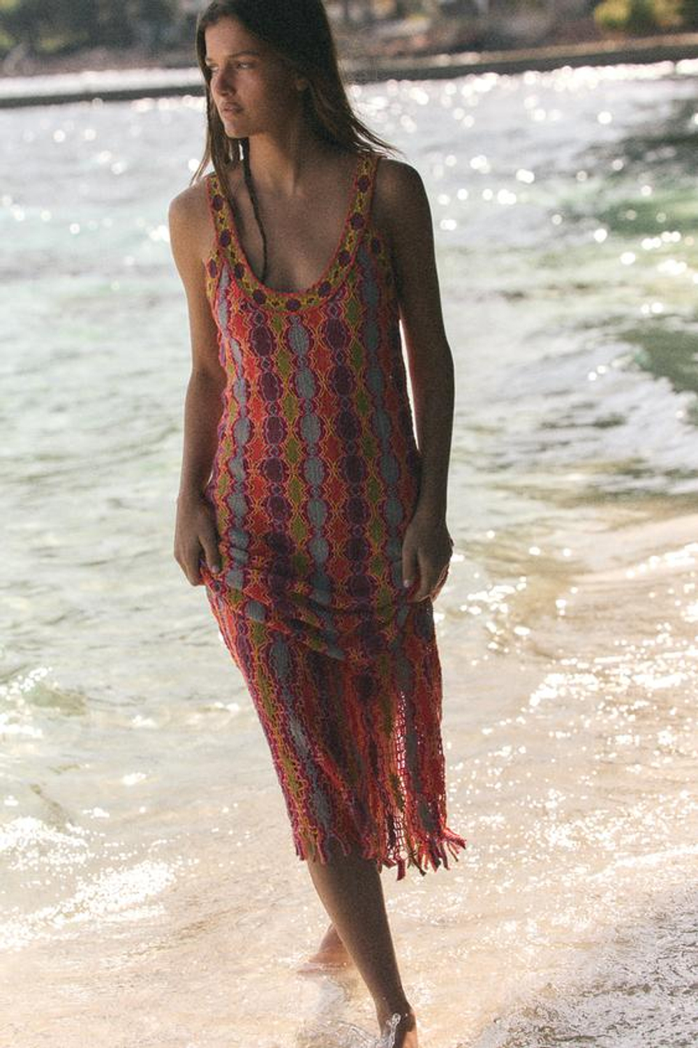 ZARA ДЛИННОЕ ТРИКОТАЖНОЕ ПЛАТЬЕ С БАХРОМОЙ, РАЗНОЦВЕТНЫЙ