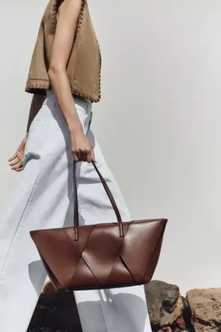ZARA УДЛИНЕННАЯ СУМКА-ШОПЕР С ПЛЕТЕНЫМИ ДЕТАЛЯМИ, ТЕМНЫЙ РЫЖЕВАТО-КОРИЧНЕВЫЙ