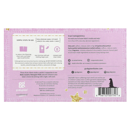 Grab Green, D Dry Sheets, для детей от 5 месяцев, Dreamy Rosewood с эфирными маслами, 80 компостируемых листов