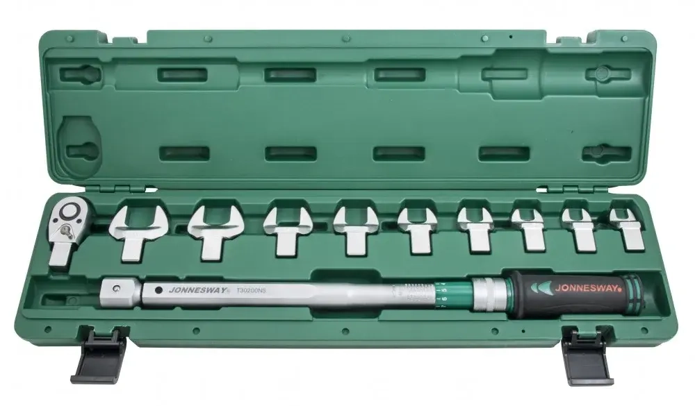 Jonnesway T30200NS Ключ динамометрический 1/2"DR со сменными рожковыми насадками 13-30 мм и приводом, 40-200 Нм