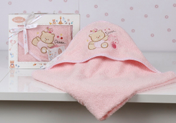 Детское полотенце-уголок медведь 90х90 розовый