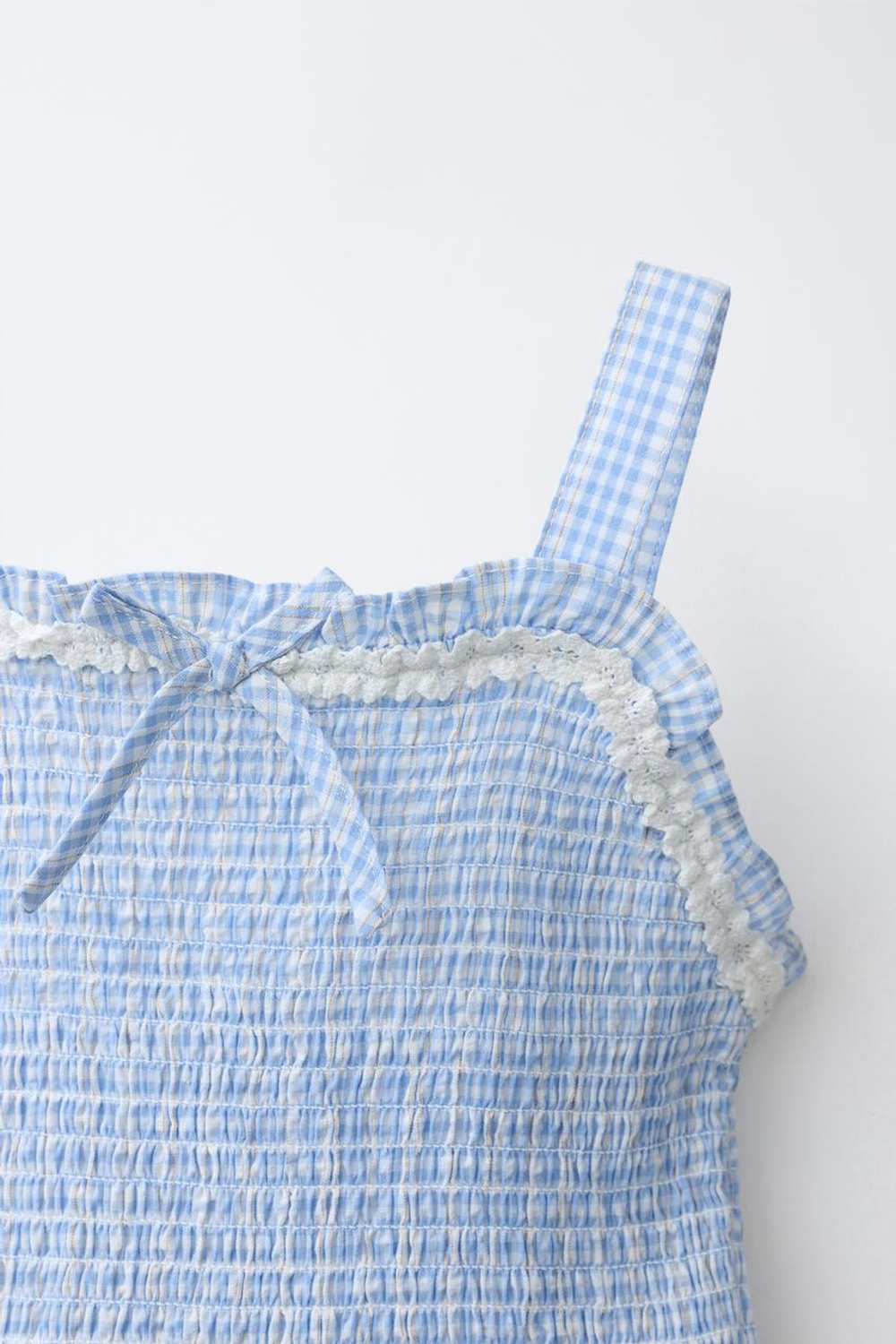 ZARA ТОП В КЛЕТКУ ВИШИ С РЕЗИНКАМИ, СИНИЙ/БЕЛЫЙ