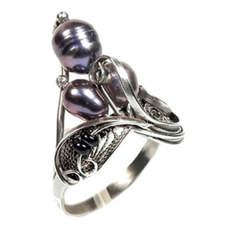 Кольцо "Корона" жемчуг темный, скань