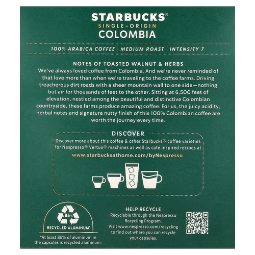 Starbucks, Nespresso®, Колумбия, молотые, средняя обжарка, 8 алюминиевых капсул, 100 г (3,52 унции)