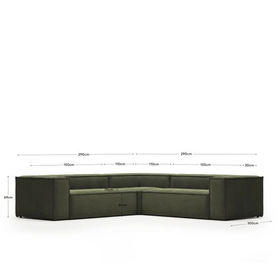 4-местный угловой диван Blok в зеленом толстом вельвете 290 x 290 см