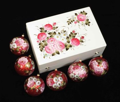Zhostovo Christmas balls in wooden box - set of 6 balls SET04D-667785779
