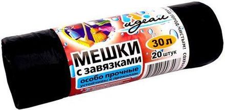 Мешки мусорные с завязками 30 л 50х60 см 20 мкм Идеал (20/600шт)