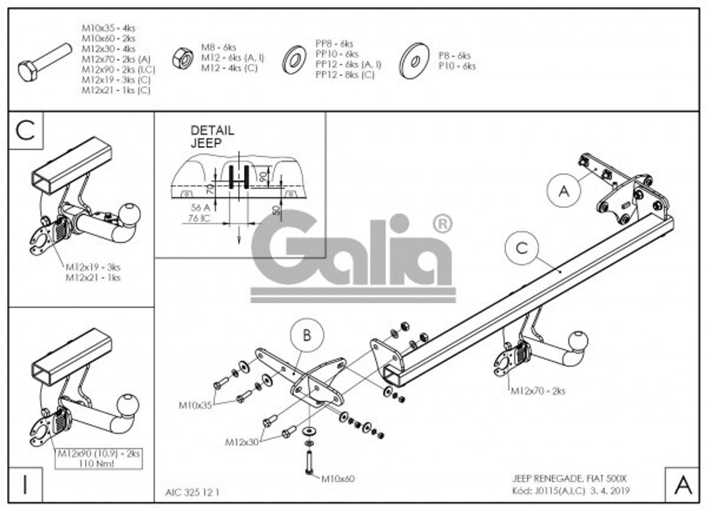 Фаркоп оцинкованный Galia J011A для Jeep Renegade 2014-, FIAT 500X 2014-(паспорт и сертификат в комплекте)(без электрики)
