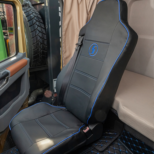 Чехлы Shacman X6000 3D (экокожа, черный цвет, синий кант, синяя строчка)