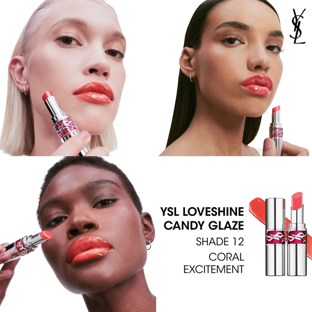 Yves Saint Laurent Loveshine Candy Glaze - Увлажняющий блеск для губ для женщин 12 Coral Excitement, 3 g