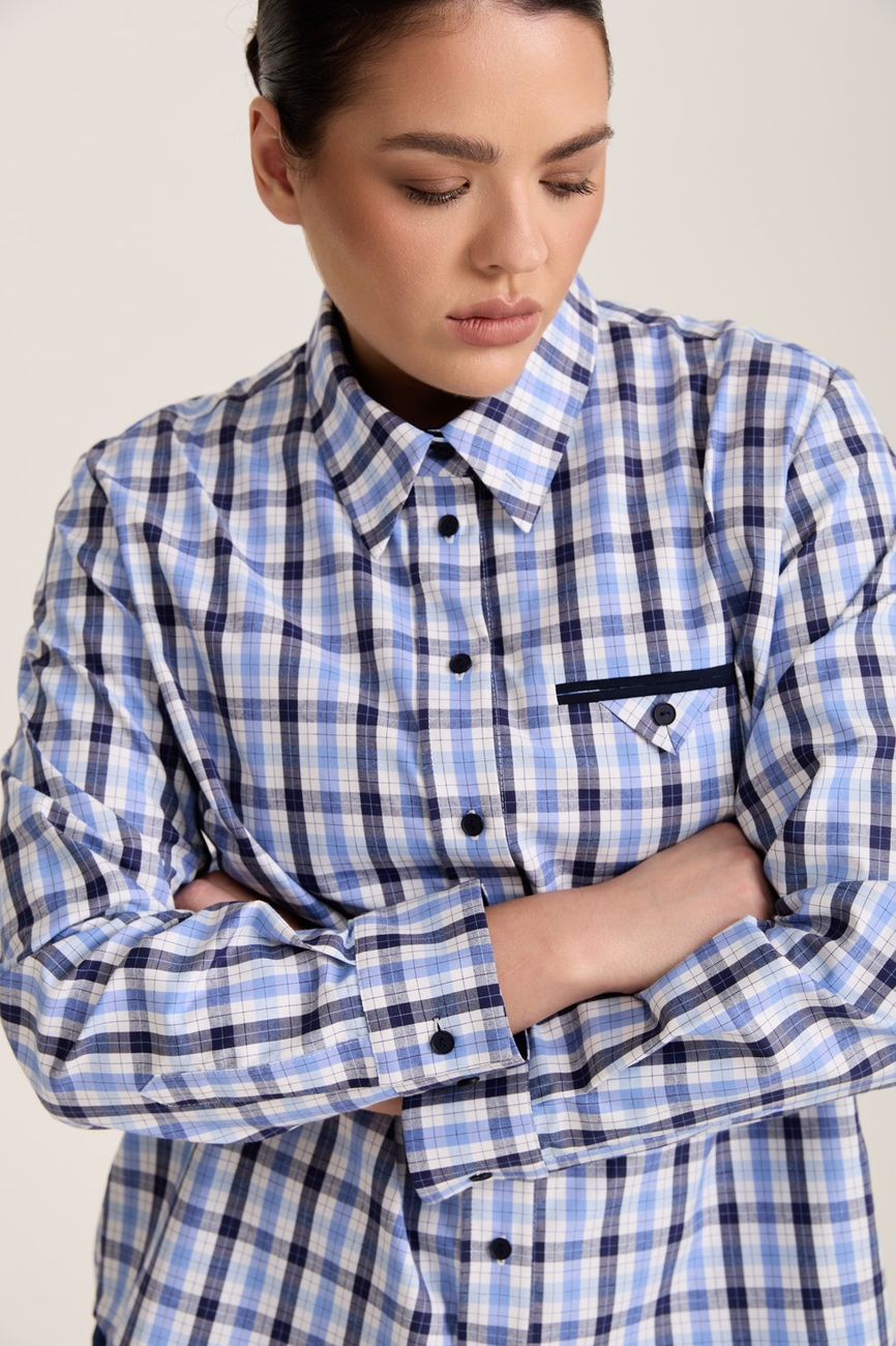 Рубашка с декоративным карманом в клетку, синий