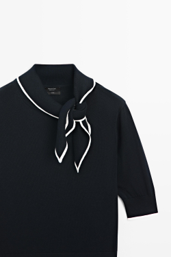 Massimo Dutti Хлопковый джемпер с декоративным бантом, темно-синий