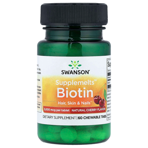 Swanson, Supplemelts™, биотин, натуральная вишня, 5000 мкг, 60 жевательных таблеток