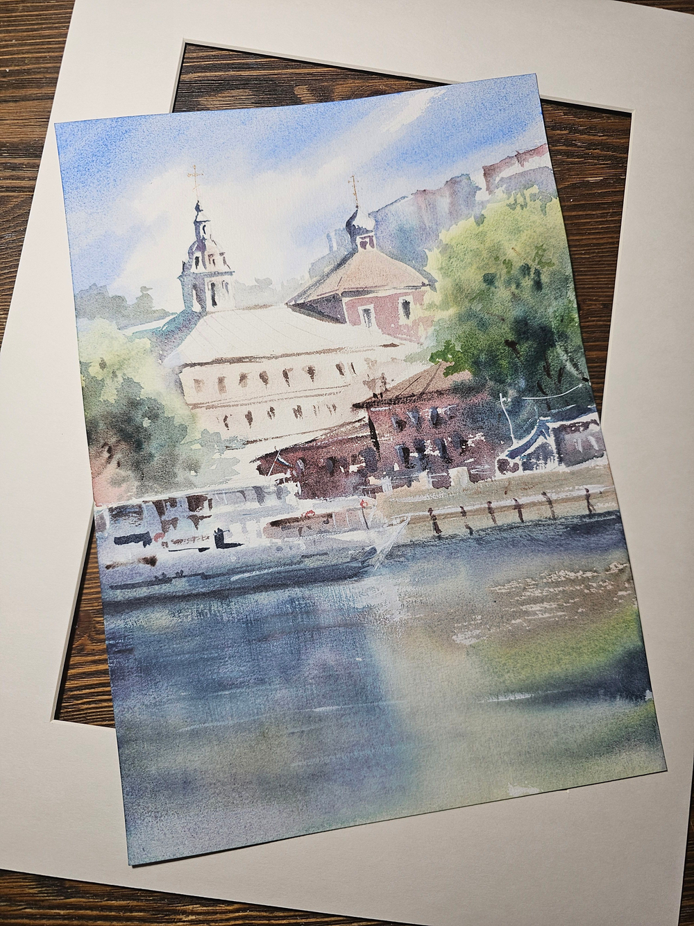 Картина авторская акварельная в паспарту 30х40 см на стену для интерьера "Андреевская набережная. Лето"