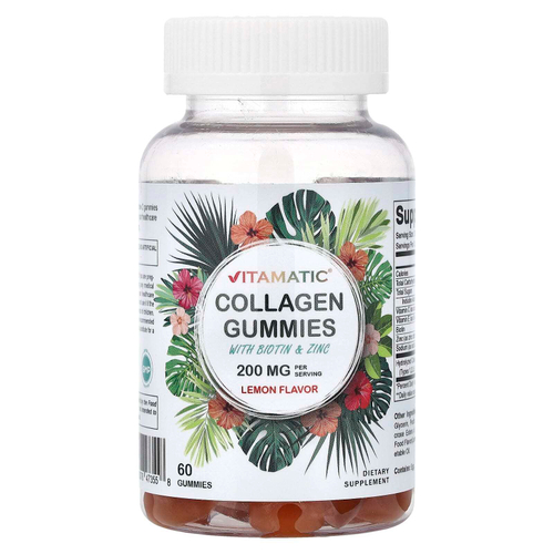 Vitamatic, жевательные таблетки с коллагеном, биотином и цинком, со вкусом лимона, 60 жевательных таблеток