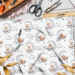 Ткань кулирная гладь медвежонок на полумесяце