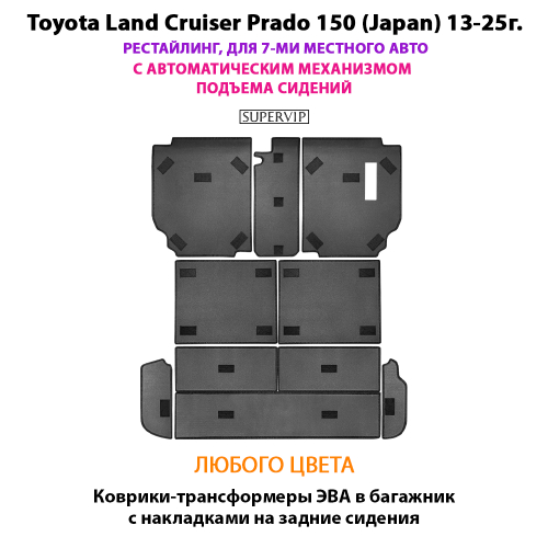 Коврики-трансформеры ЭВА в багажник с накладками на задние сидения для Toyota Land Cruiser Prado 150 (Japan) 13-25г. Рестайлинг, для 7-ми местного авто