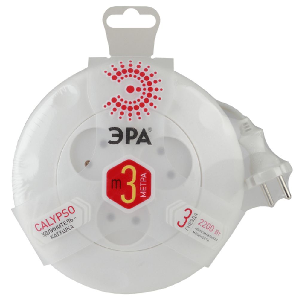 Удлинитель электрический ЭРА UR-3-3m-W рулетка без заземления 3 розетки 3м 2x1мм2 10А белая