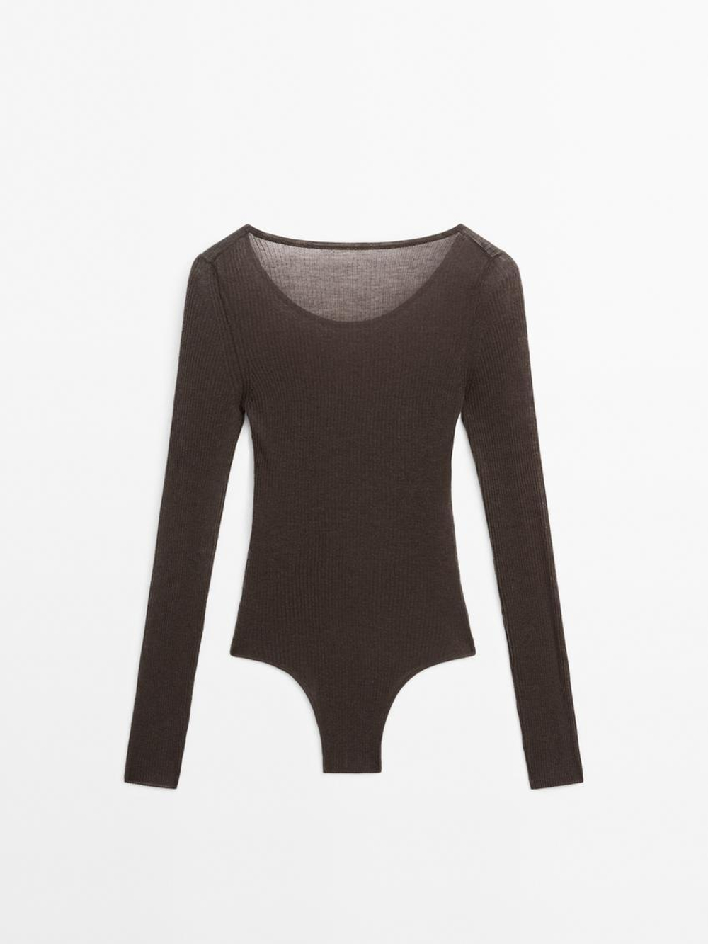 Massimo Dutti Полупрозрачный боди из 100% шерсти - STUDIO, шоколадный