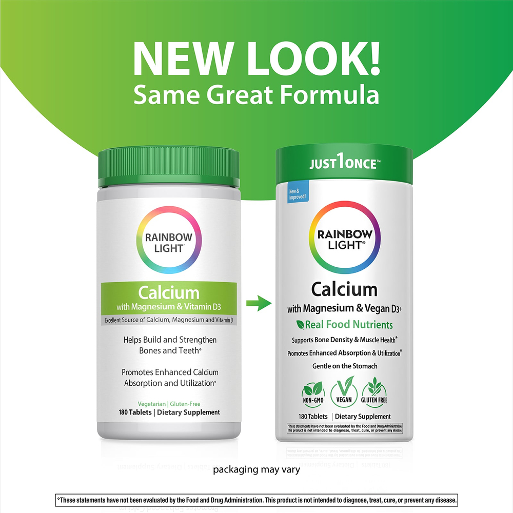 Rainbow Light, кальций с магнием и веганским витамином D3+, 180 таблеток