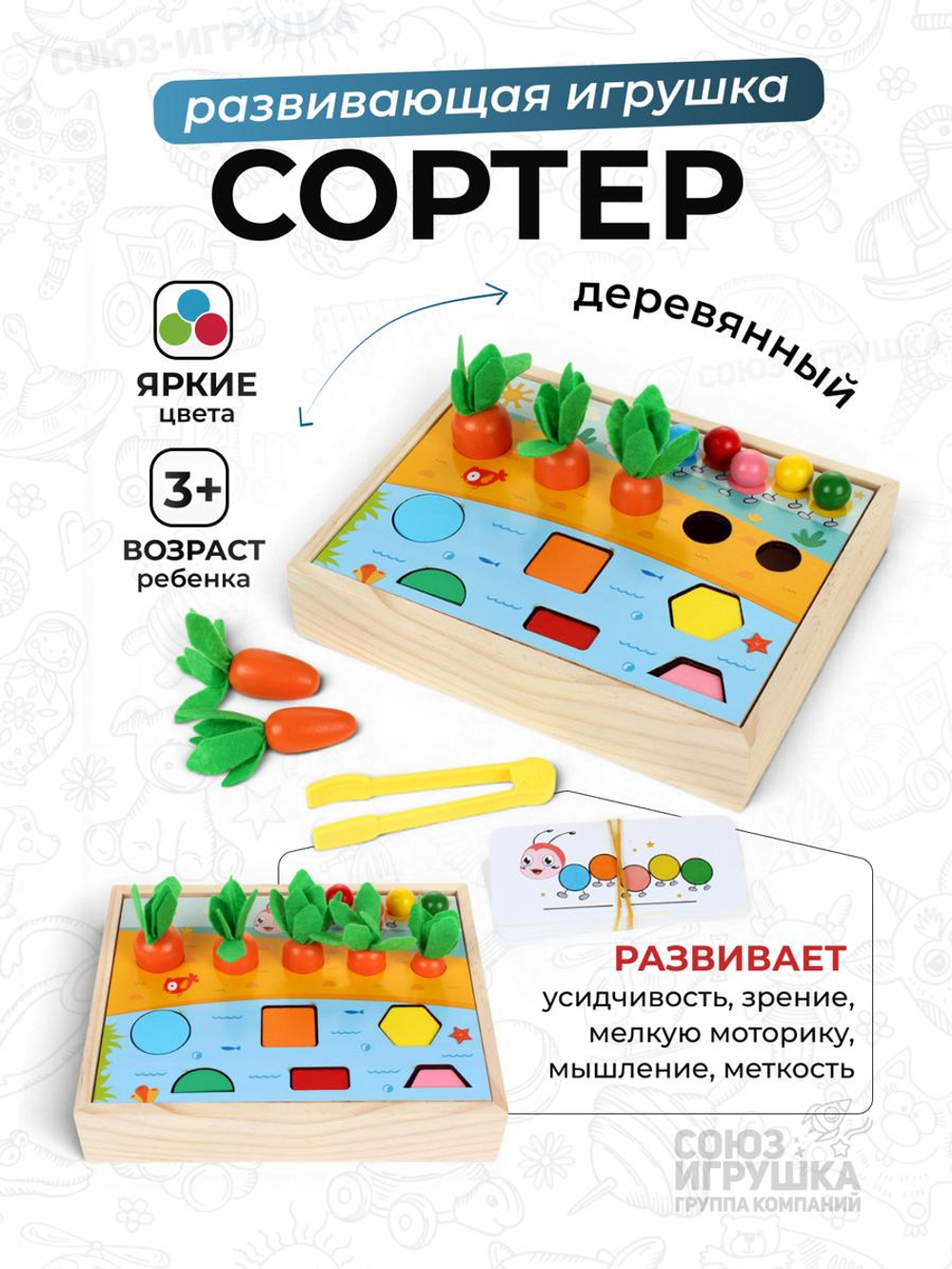 Развивающая игрушка деревянная Рыбалка река, огород + сортер с шариками, коробка C-41683