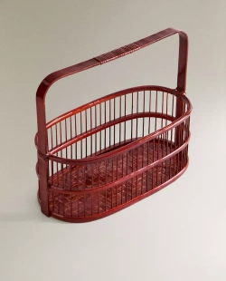 ZARA HOME ЛАКИРОВАННАЯ БАМБУКОВАЯ КОРЗИНА С РУЧКОЙ, КРАСНЫЙ