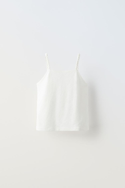 ZARA ТОП ИЗ СТРУЯЩЕЙСЯ ТКАНИ С ПЛЕТЕНЫМИ БРЕТЕЛЯМИ, БЕЛЫЙ