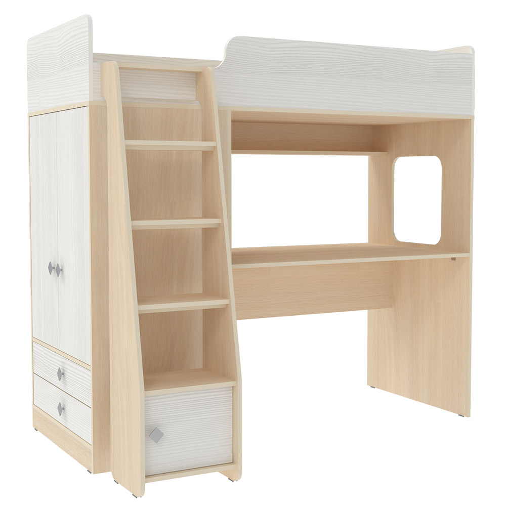 Кровать-чердак КарИВи Л-Ф607.1 75x175  Дуб Молочный Белое Дерево