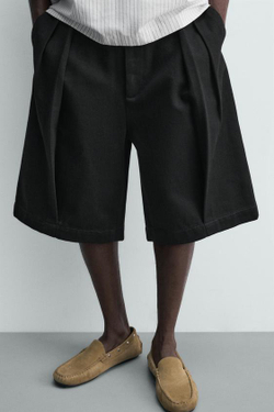 ZARA ШОРТЫ RELAXED FIT СО СКЛАДКАМИ, ЧЕРНЫЙ